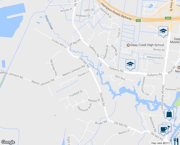 map of restaurants, bars, coffee shops, grocery stores, and more near 3521 Old Mill Road in Chesapeake