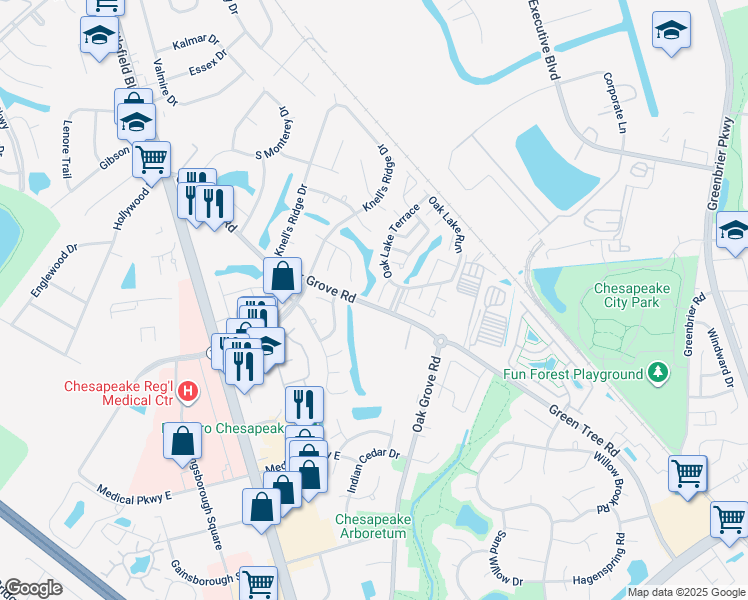 map of restaurants, bars, coffee shops, grocery stores, and more near 200 Heritage Oak Drive in Chesapeake