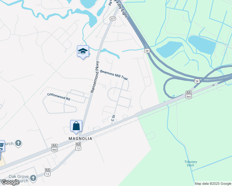 map of restaurants, bars, coffee shops, grocery stores, and more near 305 Millstone Court in Suffolk