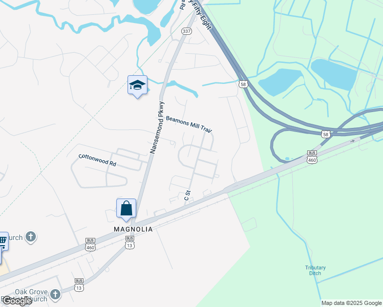 map of restaurants, bars, coffee shops, grocery stores, and more near 305 Millstone Court in Suffolk