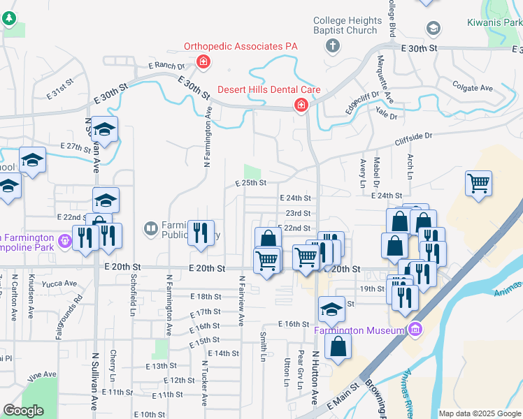 map of restaurants, bars, coffee shops, grocery stores, and more near 2500 East 23rd Street in Farmington