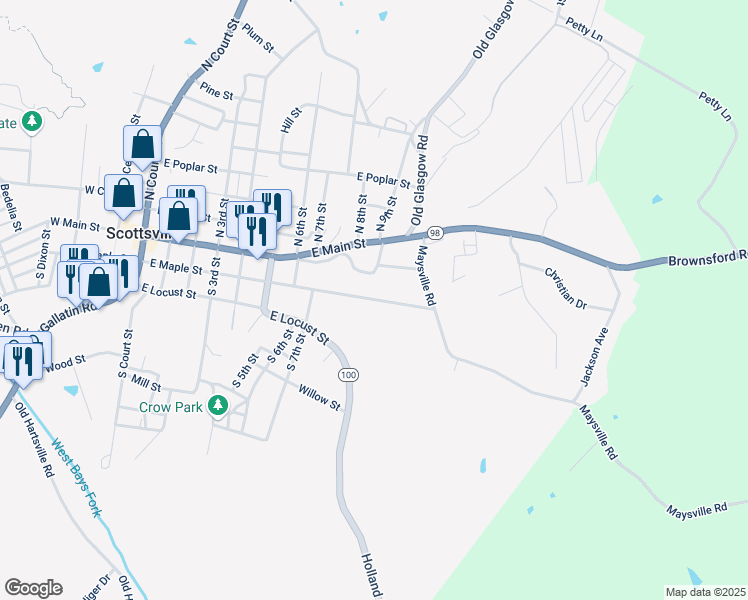 map of restaurants, bars, coffee shops, grocery stores, and more near 770 East Maple Street in Scottsville