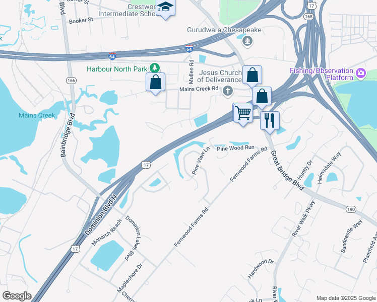 map of restaurants, bars, coffee shops, grocery stores, and more near 441 Cobblewood Arch in Chesapeake
