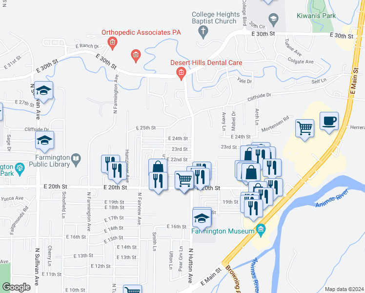map of restaurants, bars, coffee shops, grocery stores, and more near 2628 East 23rd Street in Farmington