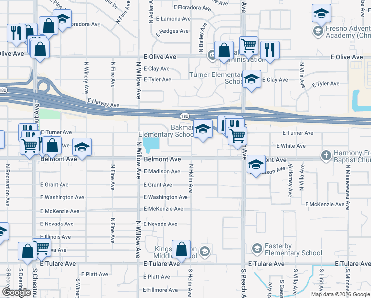 map of restaurants, bars, coffee shops, grocery stores, and more near 5075 East White Avenue in Fresno