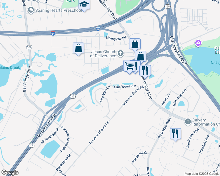 map of restaurants, bars, coffee shops, grocery stores, and more near 841 Pine View Lane in Chesapeake