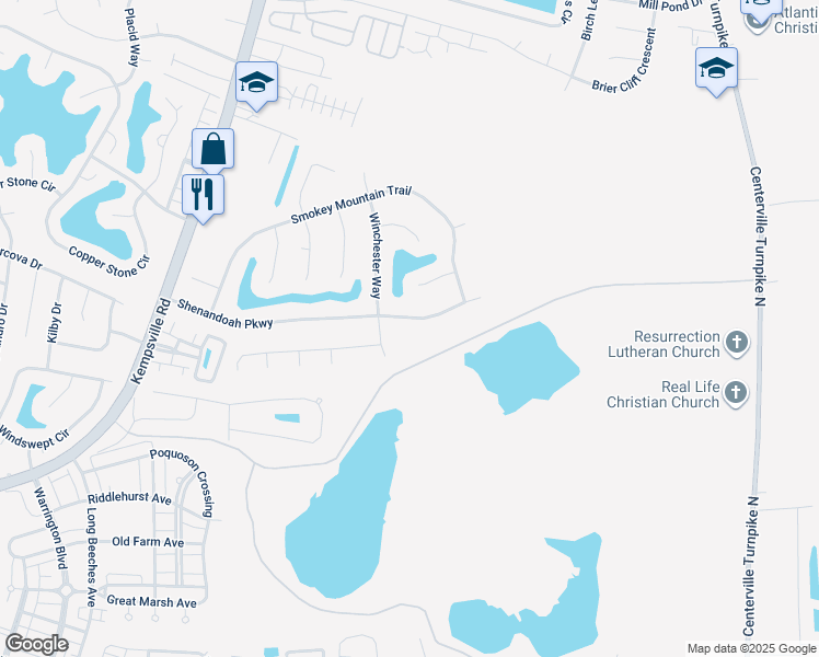 map of restaurants, bars, coffee shops, grocery stores, and more near 1512 Shenandoah Parkway in Chesapeake