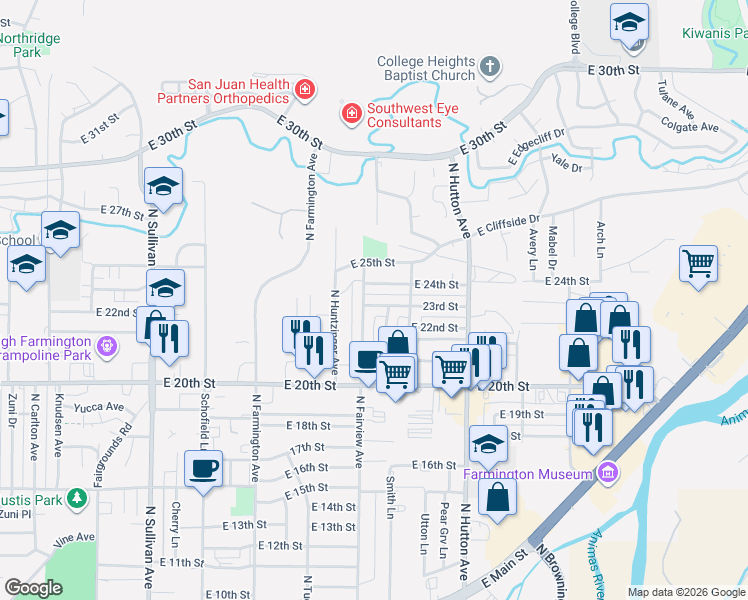 map of restaurants, bars, coffee shops, grocery stores, and more near 2417 East 24th Street in Farmington