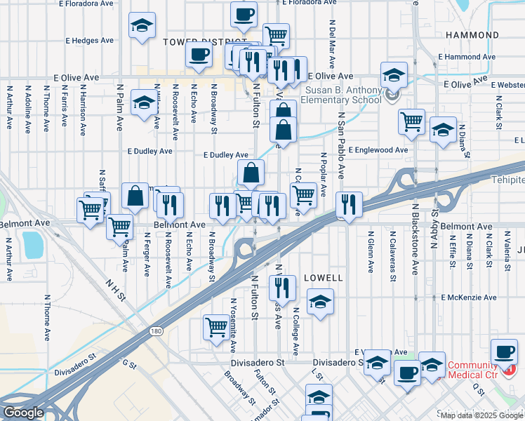 map of restaurants, bars, coffee shops, grocery stores, and more near 612 North Fulton Street in Fresno