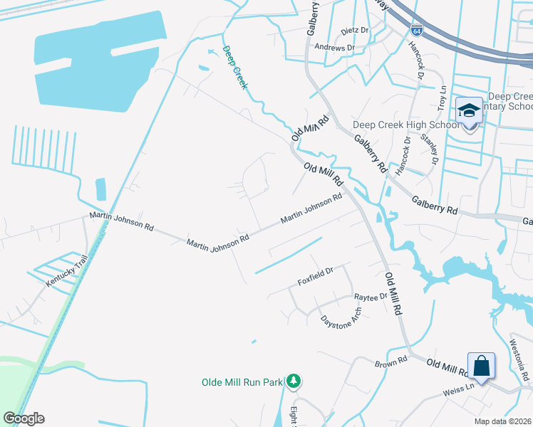 map of restaurants, bars, coffee shops, grocery stores, and more near 3609 Mill Bridge Way in Chesapeake