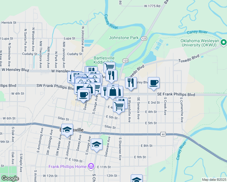 map of restaurants, bars, coffee shops, grocery stores, and more near 205 South Cherokee Avenue in Bartlesville