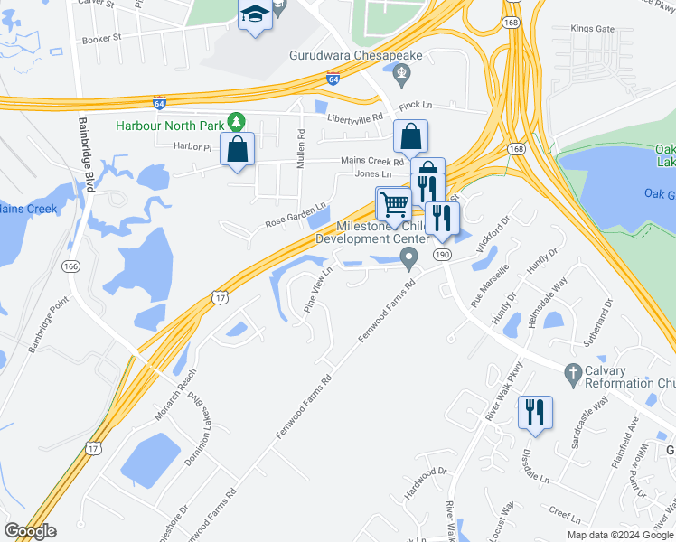 map of restaurants, bars, coffee shops, grocery stores, and more near 849 Pine View Lane in Chesapeake