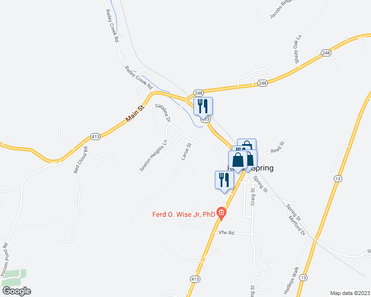 map of restaurants, bars, coffee shops, grocery stores, and more near 129 Larue Street in Reeds Spring