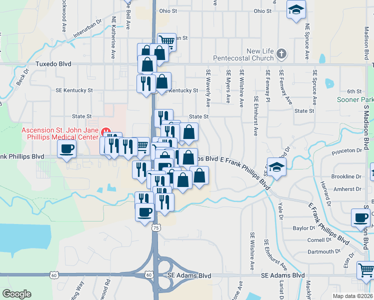 map of restaurants, bars, coffee shops, grocery stores, and more near 3920 Southeast Frank Phillips Boulevard in Bartlesville