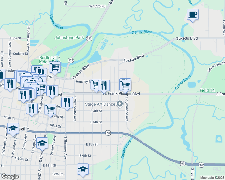 map of restaurants, bars, coffee shops, grocery stores, and more near 115 South Quapaw Avenue in Bartlesville