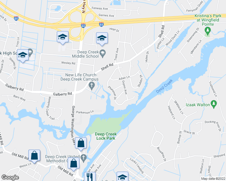 map of restaurants, bars, coffee shops, grocery stores, and more near 501 Amster Lane in Chesapeake
