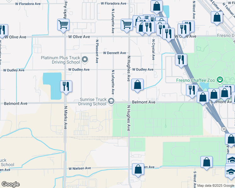 map of restaurants, bars, coffee shops, grocery stores, and more near 544 North Lafayette Avenue in Fresno