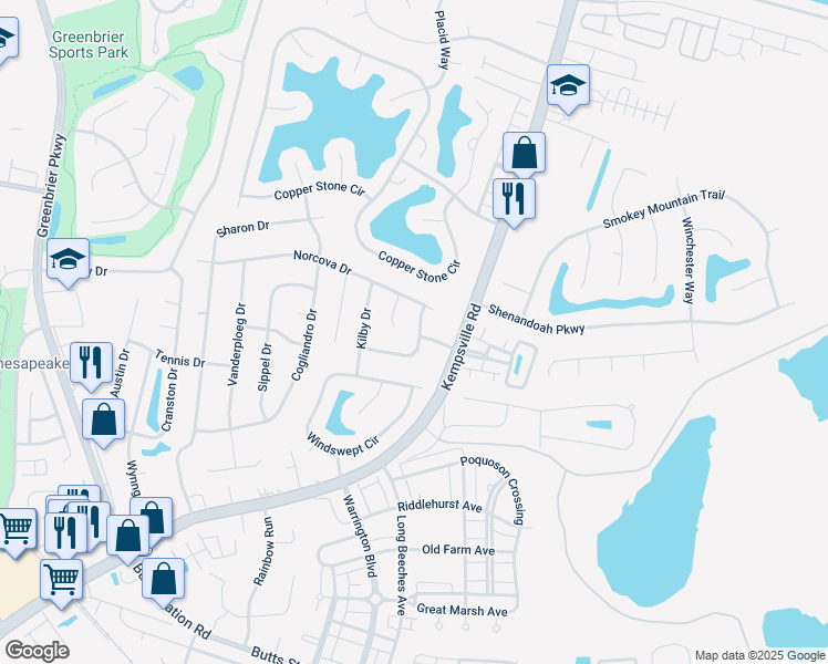map of restaurants, bars, coffee shops, grocery stores, and more near 836 Kemp Meadow Drive in Chesapeake