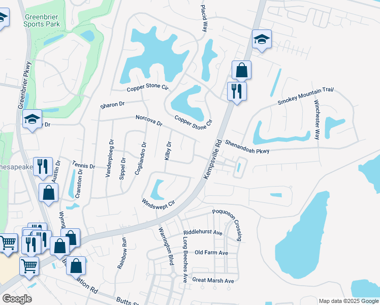 map of restaurants, bars, coffee shops, grocery stores, and more near 836 Kemp Meadow Drive in Chesapeake
