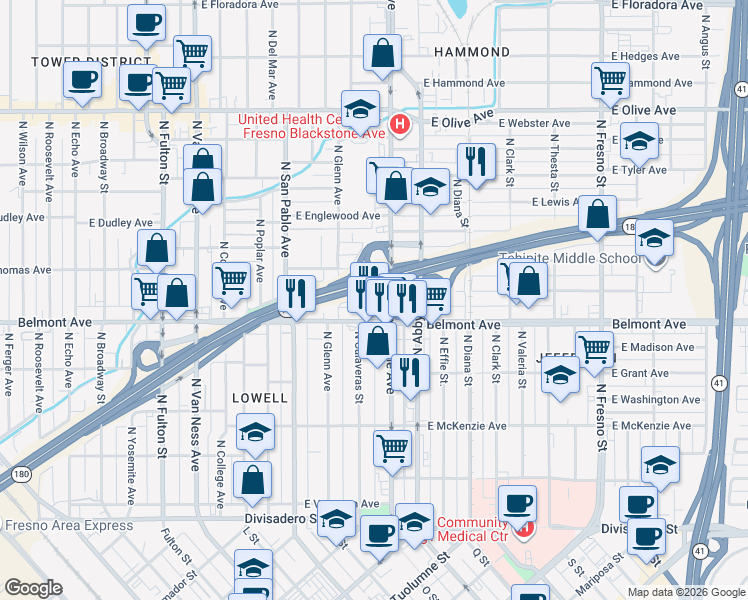 map of restaurants, bars, coffee shops, grocery stores, and more near 1620 East White Avenue in Fresno