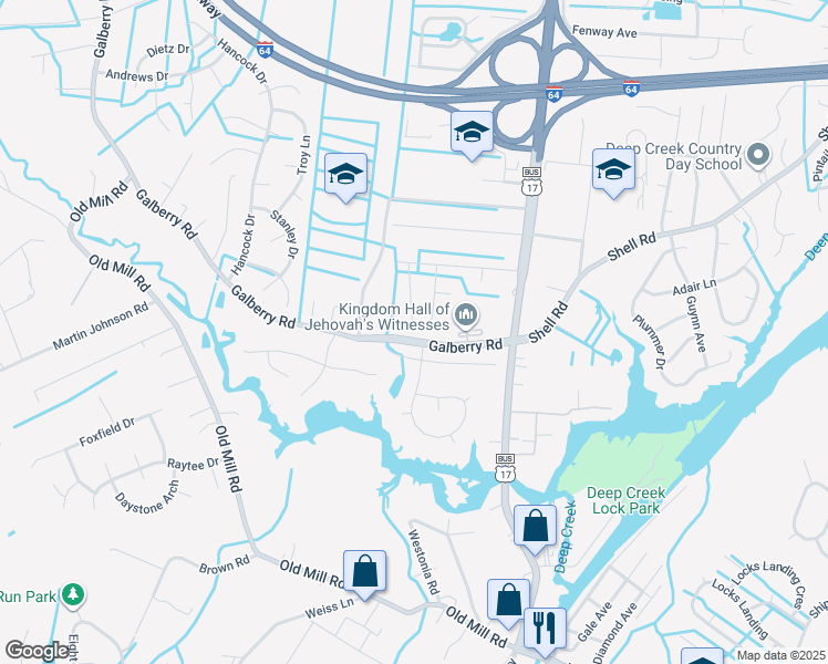 map of restaurants, bars, coffee shops, grocery stores, and more near 453 West Blanche Drive in Chesapeake