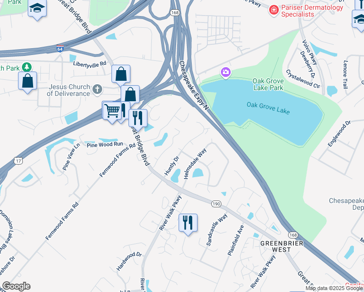 map of restaurants, bars, coffee shops, grocery stores, and more near 800 Sutherland Arch in Chesapeake