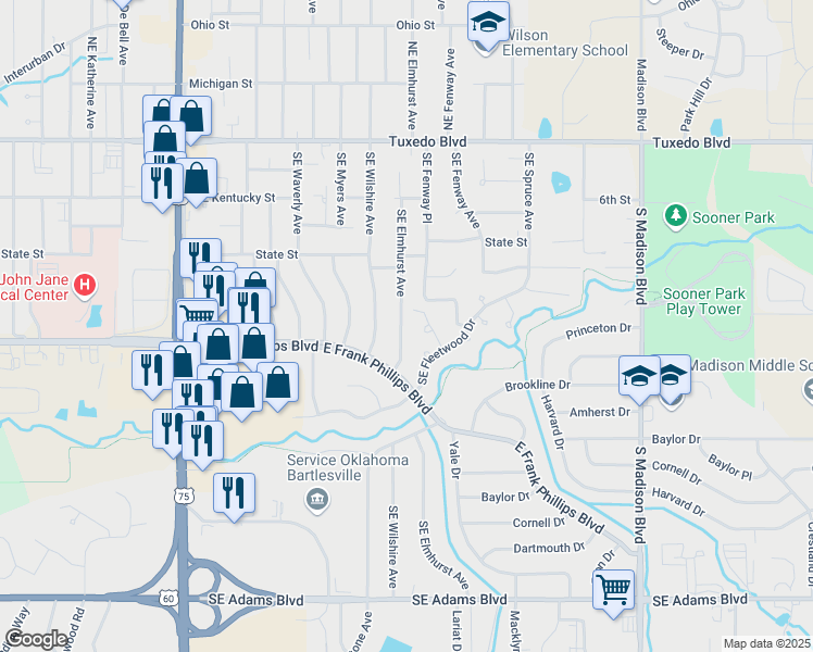 map of restaurants, bars, coffee shops, grocery stores, and more near 360 Southeast Elmhurst Avenue in Bartlesville