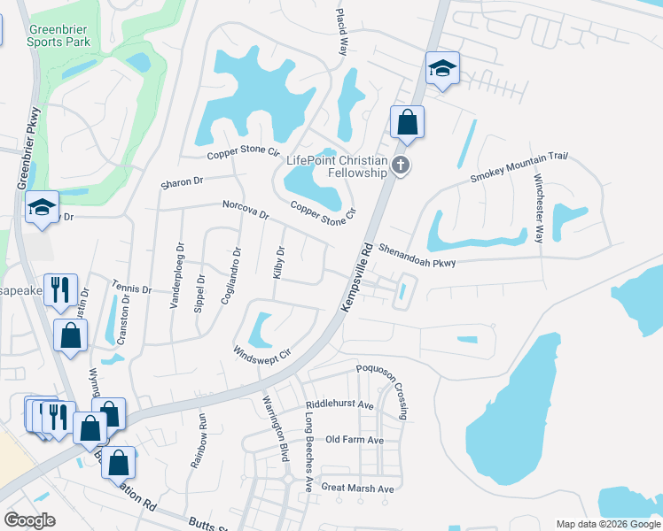 map of restaurants, bars, coffee shops, grocery stores, and more near 1029 Kempsville Road in Chesapeake
