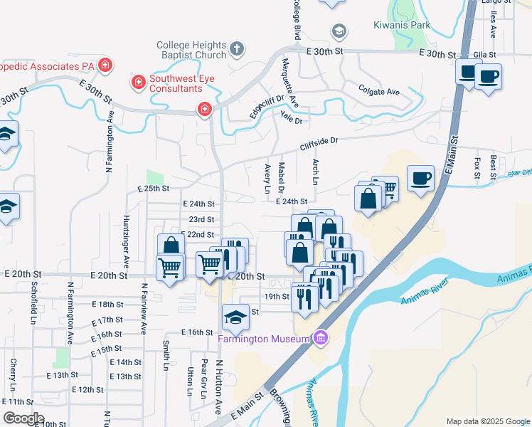 map of restaurants, bars, coffee shops, grocery stores, and more near 2906 East 23rd Street in Farmington