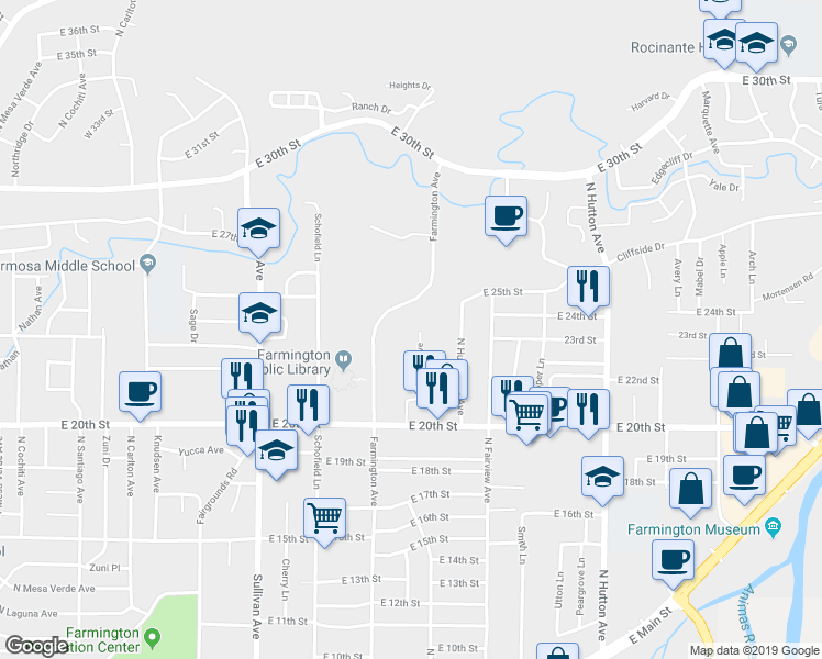 map of restaurants, bars, coffee shops, grocery stores, and more near 2305 North Tucker Avenue in Farmington