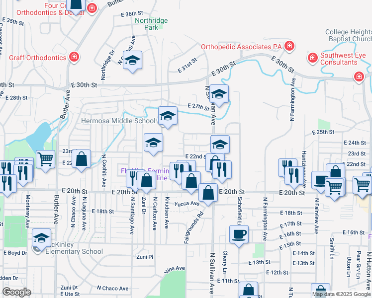 map of restaurants, bars, coffee shops, grocery stores, and more near 1706 23rd Street in Farmington