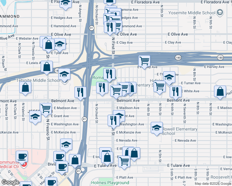 map of restaurants, bars, coffee shops, grocery stores, and more near 606 North First Street in Fresno