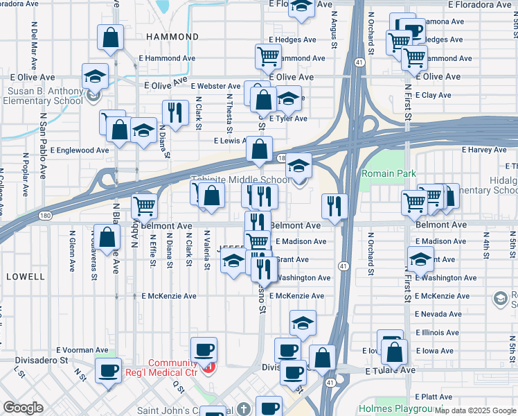 map of restaurants, bars, coffee shops, grocery stores, and more near 2511 East White Avenue in Fresno