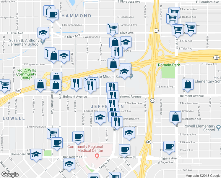 map of restaurants, bars, coffee shops, grocery stores, and more near 2339 East White Avenue in Fresno