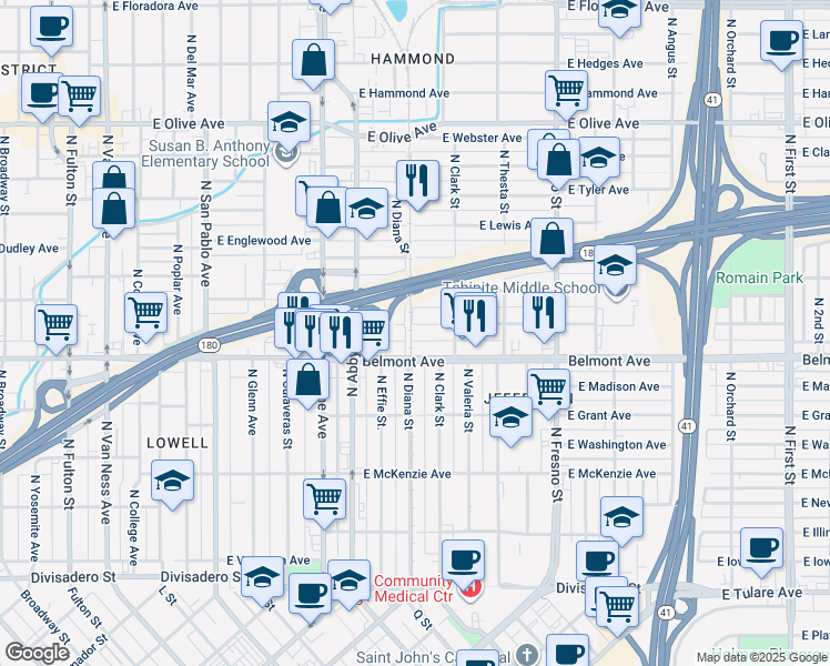 map of restaurants, bars, coffee shops, grocery stores, and more near 2001 East White Avenue in Fresno