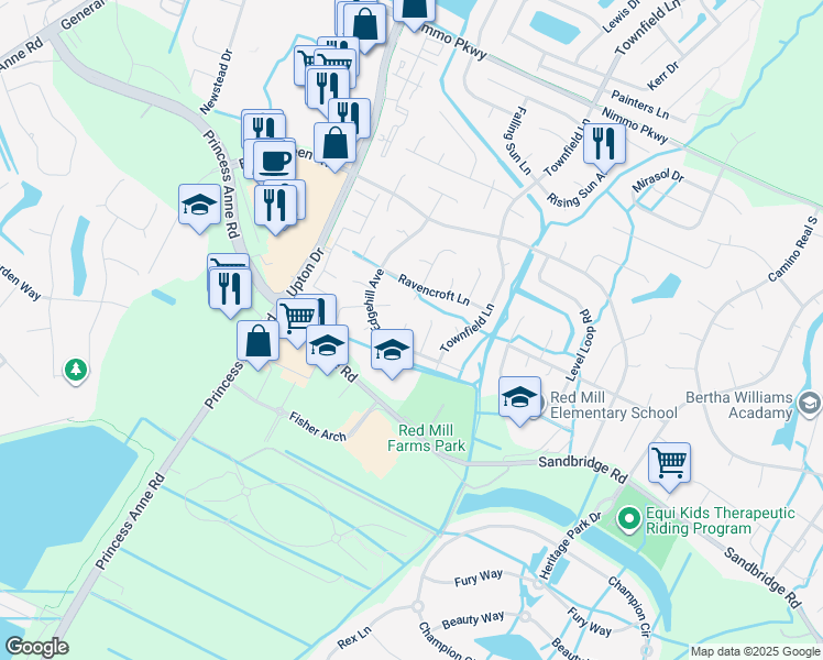 map of restaurants, bars, coffee shops, grocery stores, and more near 2608 Dunlace Way in Virginia Beach
