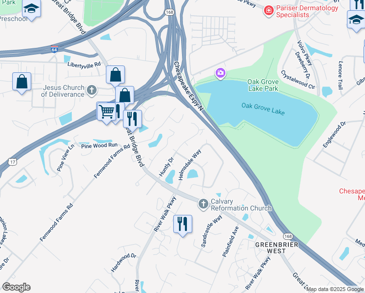 map of restaurants, bars, coffee shops, grocery stores, and more near 717 Byrd Court in Chesapeake