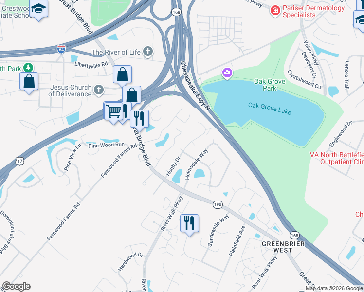 map of restaurants, bars, coffee shops, grocery stores, and more near 918 Rue Marseille in Chesapeake
