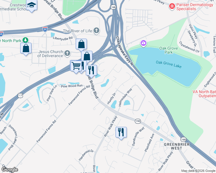 map of restaurants, bars, coffee shops, grocery stores, and more near 918 Rue Marseille in Chesapeake