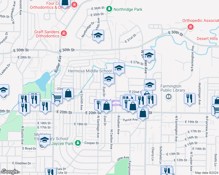 map of restaurants, bars, coffee shops, grocery stores, and more near 1400 East 23rd Street in Farmington