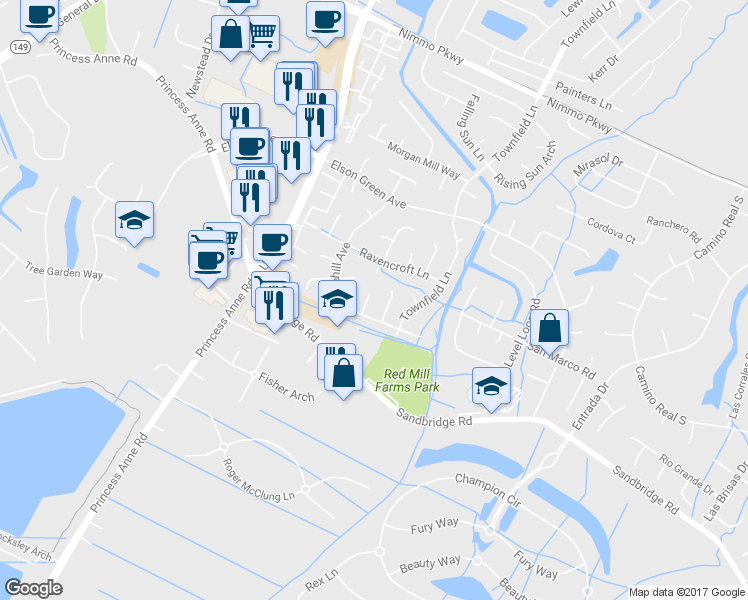 map of restaurants, bars, coffee shops, grocery stores, and more near 2608 Dunlace Way in Virginia Beach