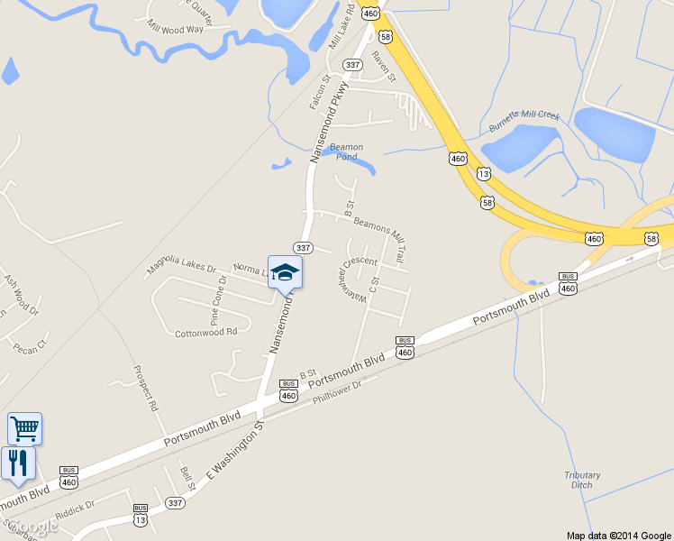 map of restaurants, bars, coffee shops, grocery stores, and more near 412 Waterwheel Crescent in Suffolk