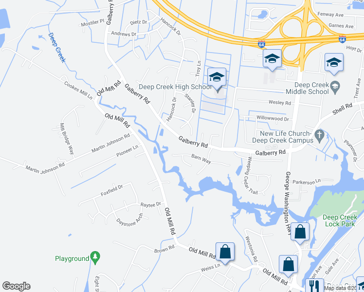 map of restaurants, bars, coffee shops, grocery stores, and more near 2995 Galberry Road in Chesapeake