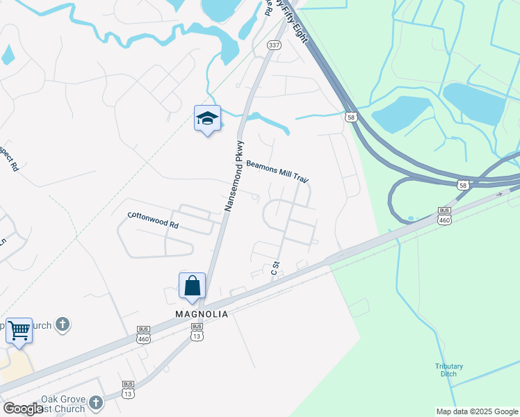map of restaurants, bars, coffee shops, grocery stores, and more near 412 Waterwheel Crescent in Suffolk
