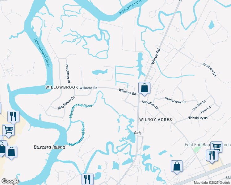 map of restaurants, bars, coffee shops, grocery stores, and more near 331 Williams Road in Suffolk