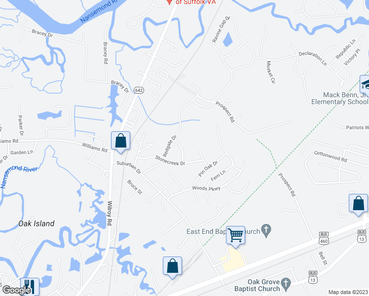 map of restaurants, bars, coffee shops, grocery stores, and more near 3210 Clearcreek Road in Suffolk