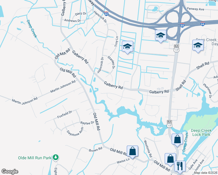 map of restaurants, bars, coffee shops, grocery stores, and more near 3101 Hilburn Drive in Chesapeake