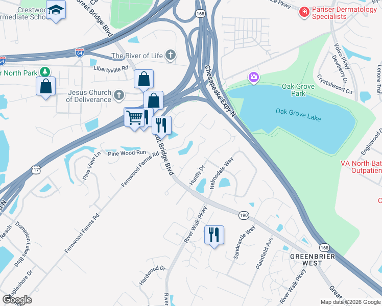 map of restaurants, bars, coffee shops, grocery stores, and more near 800 Rue Marseille in Chesapeake