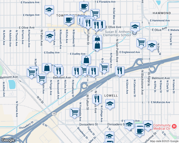map of restaurants, bars, coffee shops, grocery stores, and more near 552 North Fulton Street in Fresno