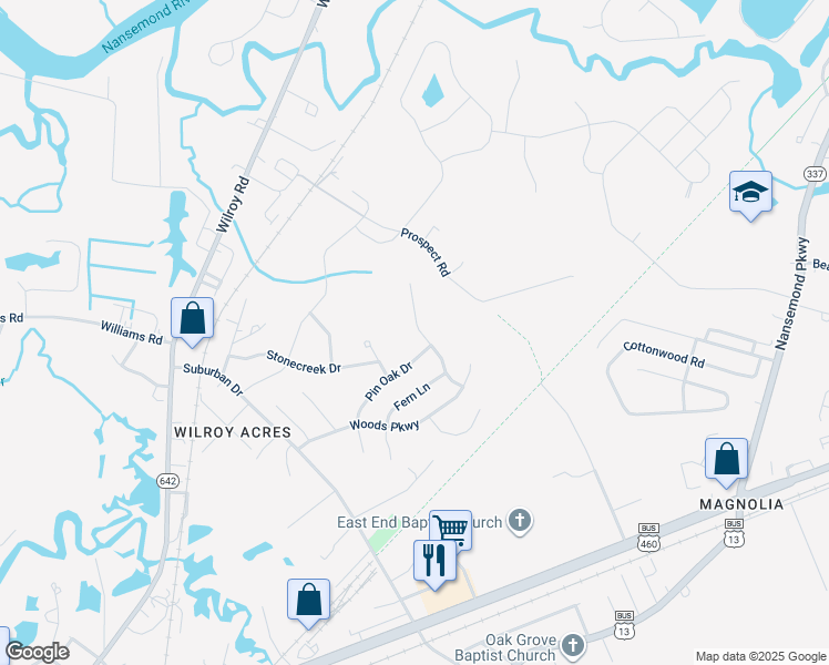 map of restaurants, bars, coffee shops, grocery stores, and more near 315 Ash Wood Drive in Suffolk